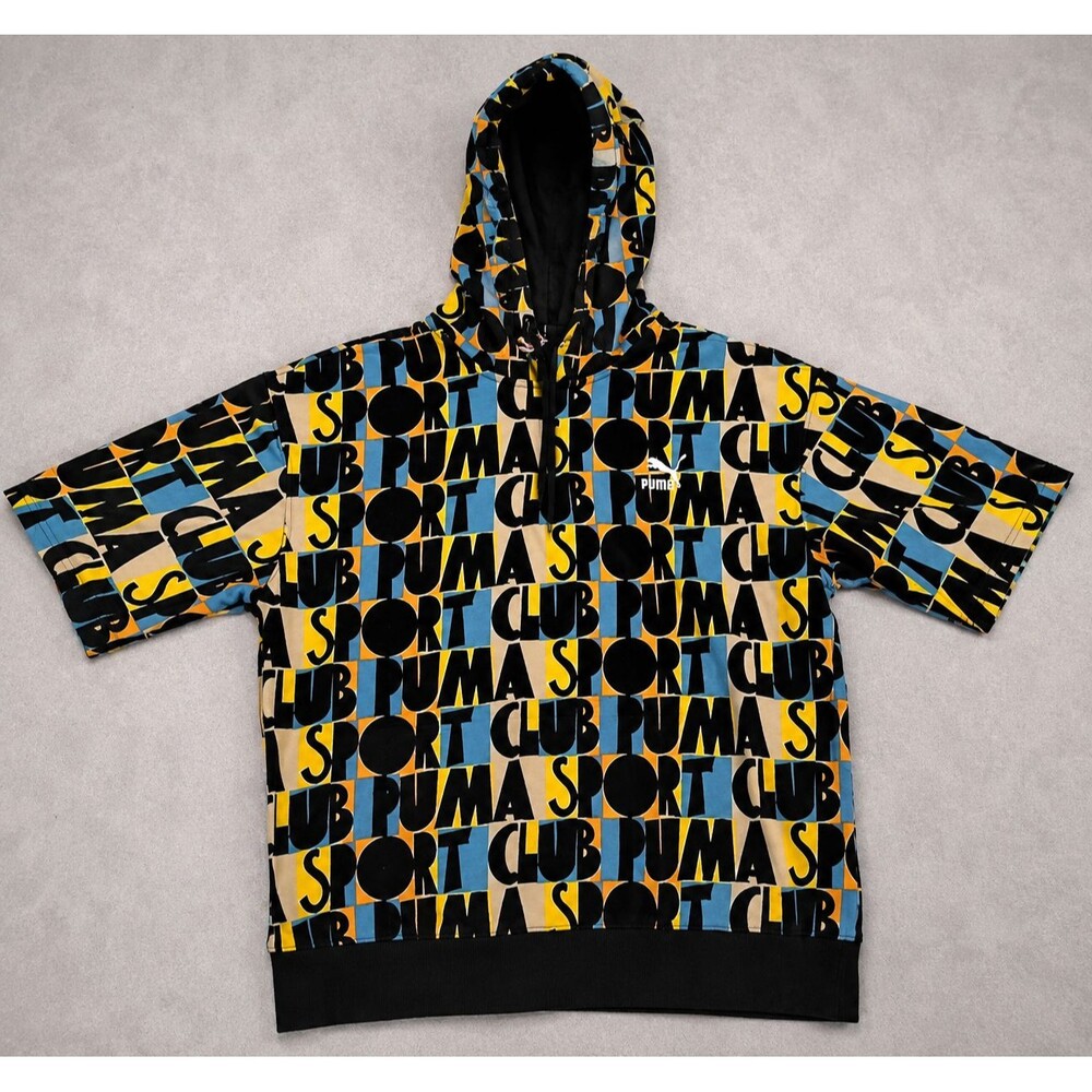 PUMA Sport Club All Over Print Short Sleeve Streetwear Pullover Hoodie Men Mediu
